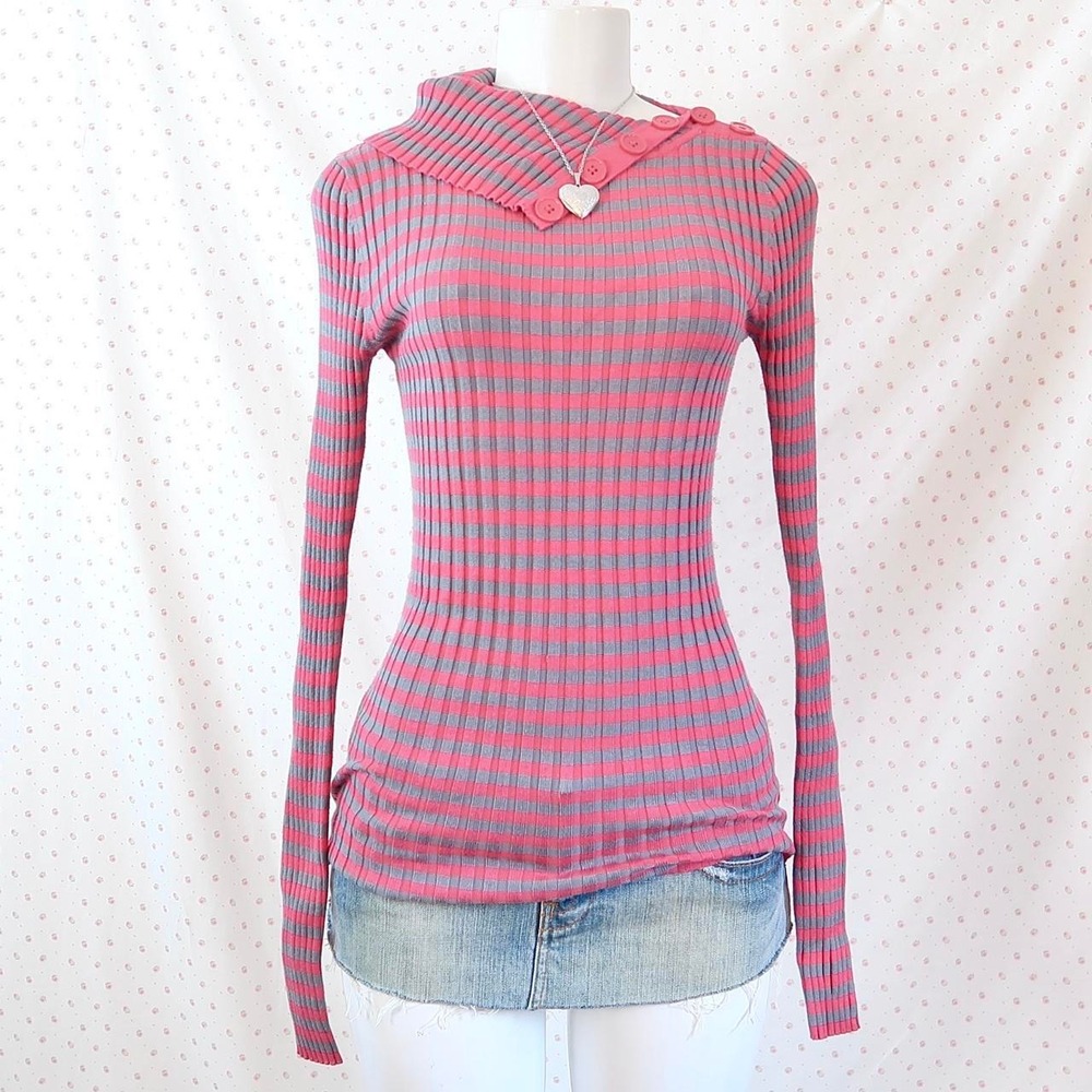 vintage Mossimo pink + grey striped fitted top